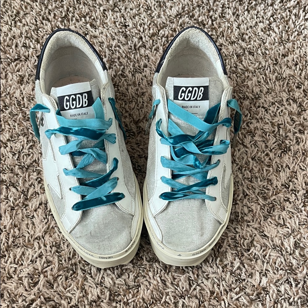 Golden Goose White Sneakers with Teal Laces